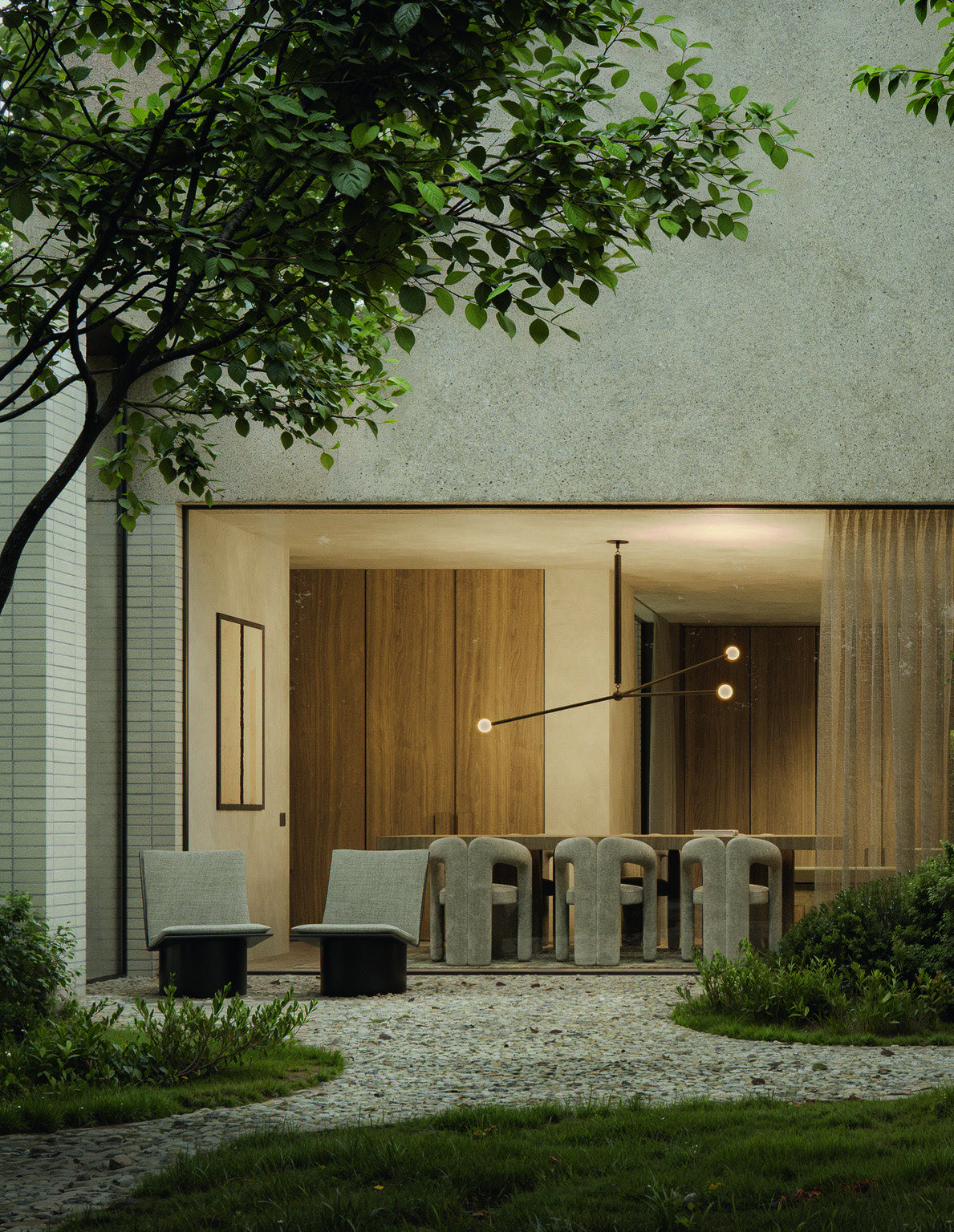 Modern terras met architectuur in natuursteen en houten panelen van nomar architects